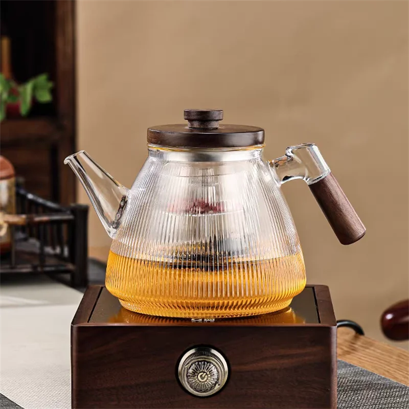 Stripe High Borosilicate Glass Teapot  With Walnut Handle Cooking and Steaming Dual Purpose Glass Tea Pot Tea Kettle Teaware