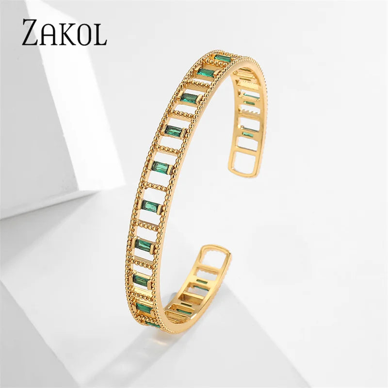 Green Rectangle Hollow Cubic Zirconia Cuff Bangles Bracelet