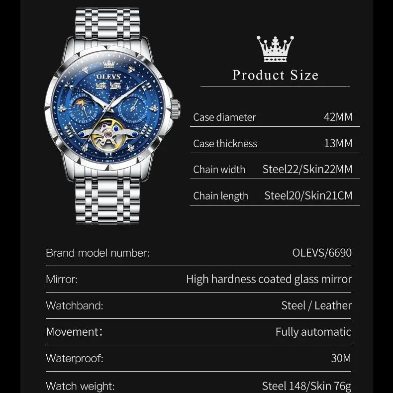 Automatic Watch Starry Sky Tourbillon Design Moon Phase Date Stainless steel Luminous Waterproof Wristwatch