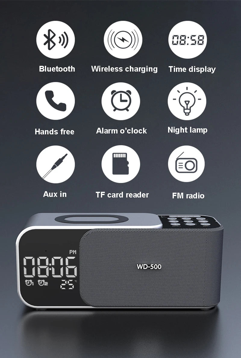 15W wireless charging Dual alarm clock home Bluetooth speaker with night light Bluetooth subwoofer temperature display FM/TF/AUX
