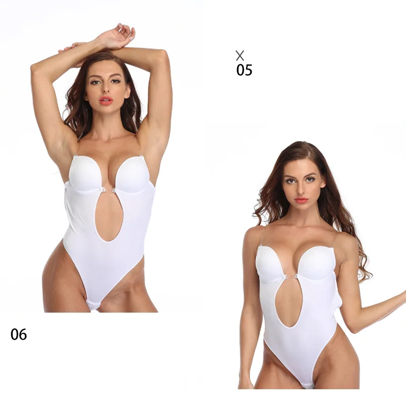 Women U Plunge Backless Bodysuit Shapewear – Deep V-Neck Tummy Control Body Shaper