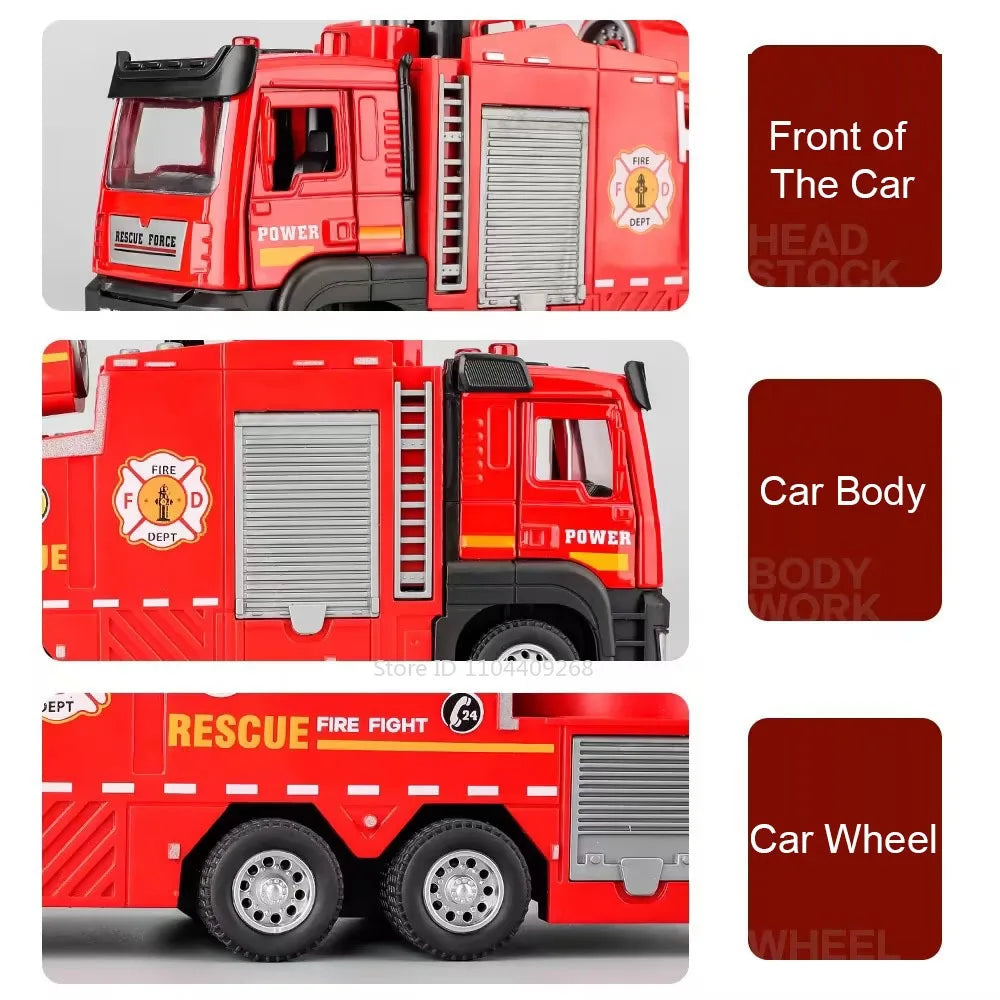 1:32 Water Spray Fog Fire Truck Model Sweeper Toy Car Sound Light Pull Back Doors Opened Vehicles Collection  Gifts