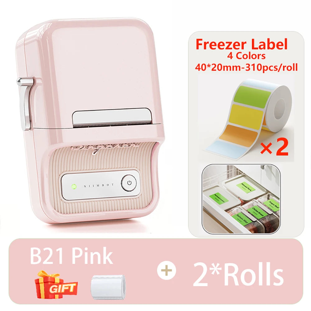 B21 Kitchen Label Printer, Bluetooth Wireless Thermal Label Maker 20–50mm, Inkless Freezer Sticker Printer for Home & Food Storage