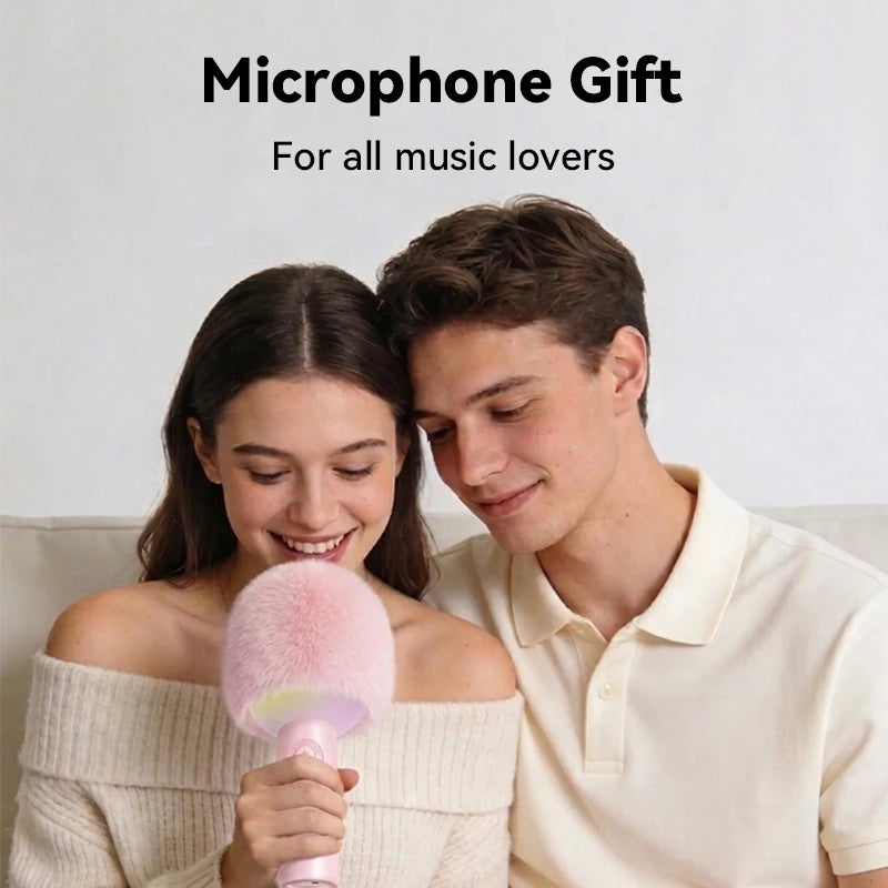 Bluetooth Karaoke Microphone with Fluffy Cover, 2-in-1 Handheld Mic & Speaker with Dynamic LED Lights for Party Singing