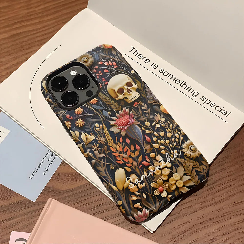 Fashion Embroidery Effect Skull Skeleton Phone Case For iPhone 16 15 Pro Max 16 Plus 2 in 1 Hard Protection Cover Funda