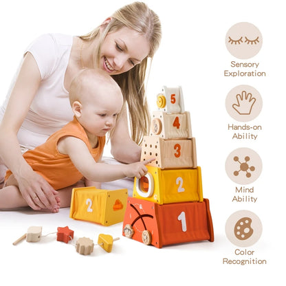 Montessori Rocket Toy Shape Matching Toy Wooden Stacked Building Block Toy Baby 5-in-1 Multifunctional Box  Delicate Wooden Gift