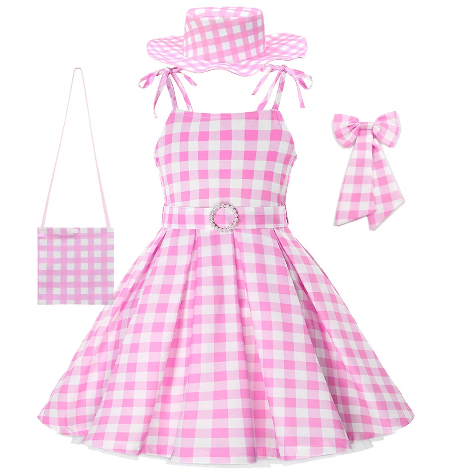 Girls Movie Princess Dress Cosplay Costume Pink Plaid Beach Barbi Outfit Birthday Halloween Party Kids Dress