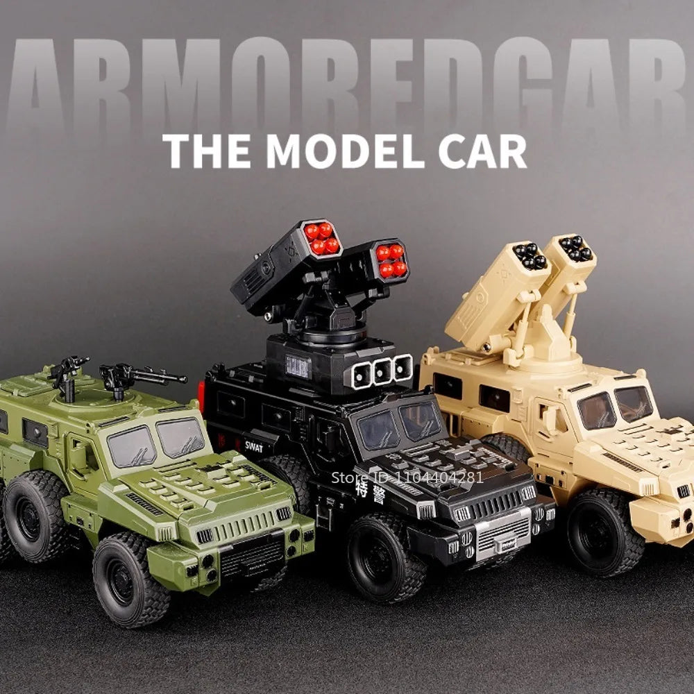 1:50 Alloy Armored Car Diecast Model Toy Sound Light Pull Back Doors Opened Miniature Missile Vehicle for  Boy Collection Fun
