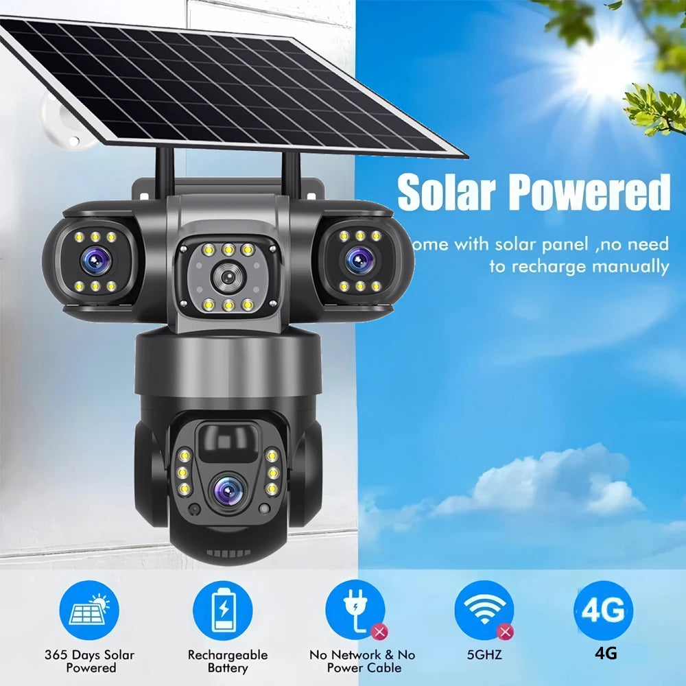 12MP 6K  Outdoor Solar 4G Camera Three Lens Three Screen PIR Motion Detection Cam Waterproof Night Vision Smart Security CCTV