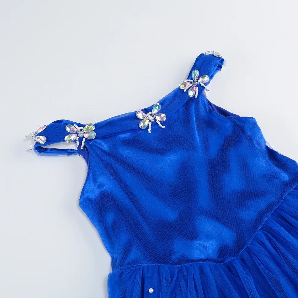Christmas Halloween Blue Ball Gown - Girls Pearl-Embellished Tulle Dress with Lace Sleeves Princess Birthday Party Dress for Kid
