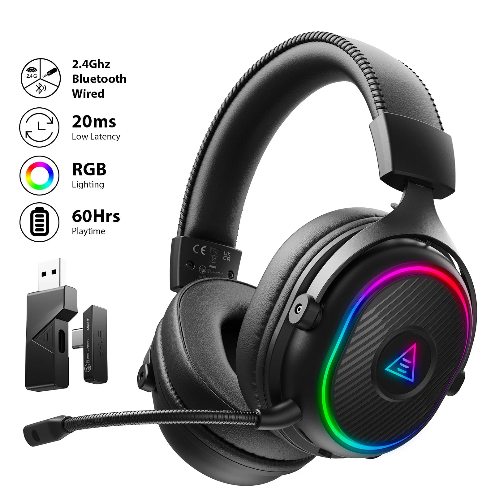 EKSA MaKo BT Bluetooth Gaming Headset Over Ear 2.4GHz Wireless Headphones Gamer 20ms Low Latency With Mic for PC/PS4/PS5