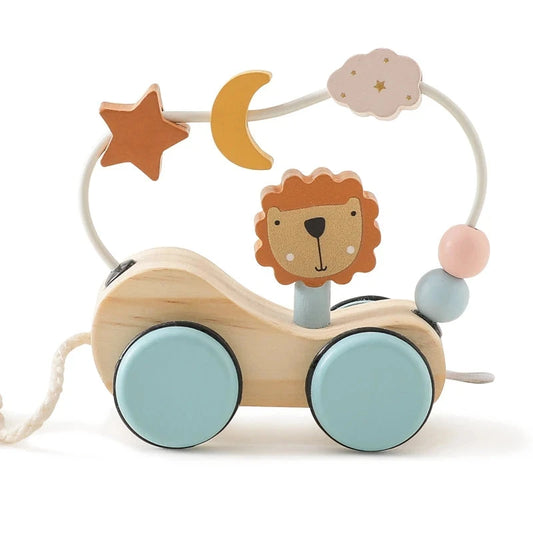 Wooden Baby Rope Trolley Puzzle Round Bead Brain Game Baby Wooden Children's Block BPA-free Organic Beech Animal Shape Baby Gift