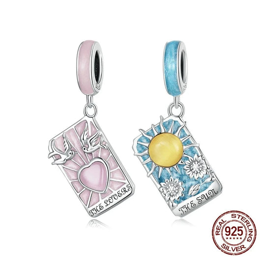 925 Sterling Silver Pink Heart Blue Tarot Cards Lovers Charm Pendants