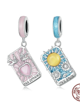 925 Sterling Silver Pink Heart Blue Tarot Cards Lovers Charm Pendants