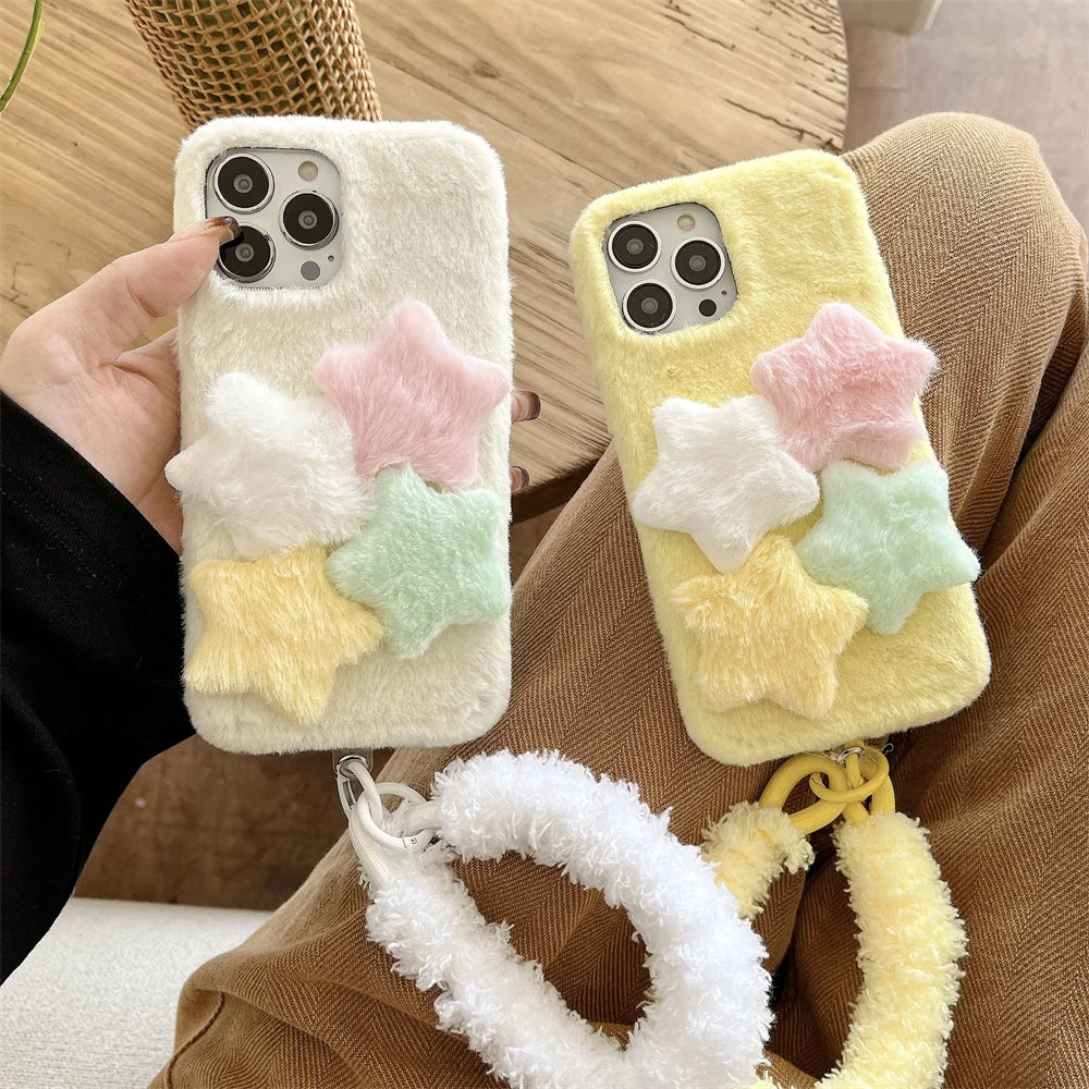 INS Cute Furry Star Strap Phone Case For iPhone 16 15 13 14 Pro Max Plus Lovely Lanyard Soft Aesthetic Silicone Back Cover