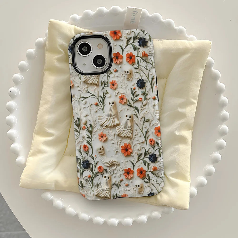 Cute Cartoon Embroidery Effect Ghost Flower Phone Case For iPhone 16 15 Pro Max Plus Double-deck Cover Protection Funda