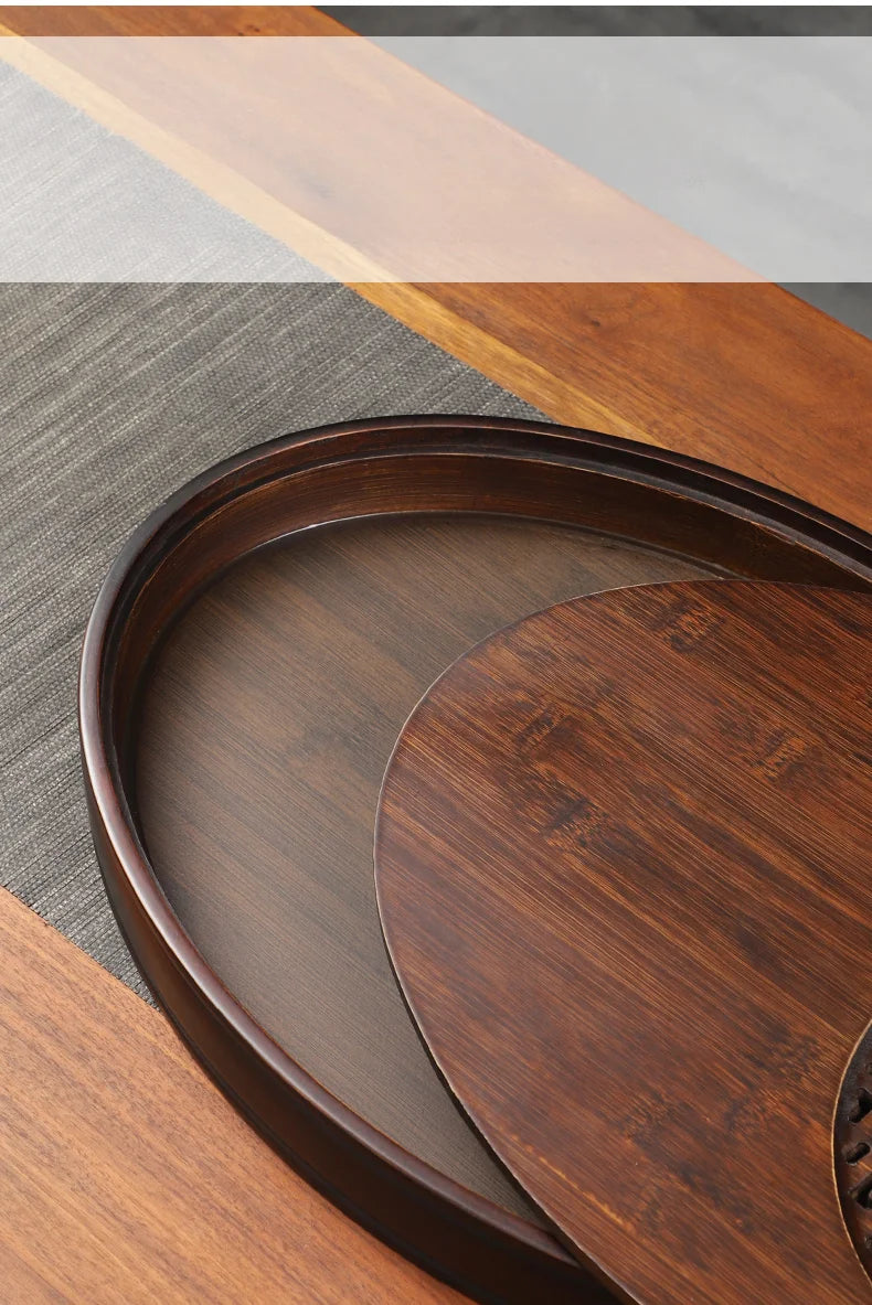 Chinese Tea Ceremony Culture Oval Tea Tray Natural Bamboo Hollow Drainage Storage Tea Tray Home Solid Wood Storage Tray