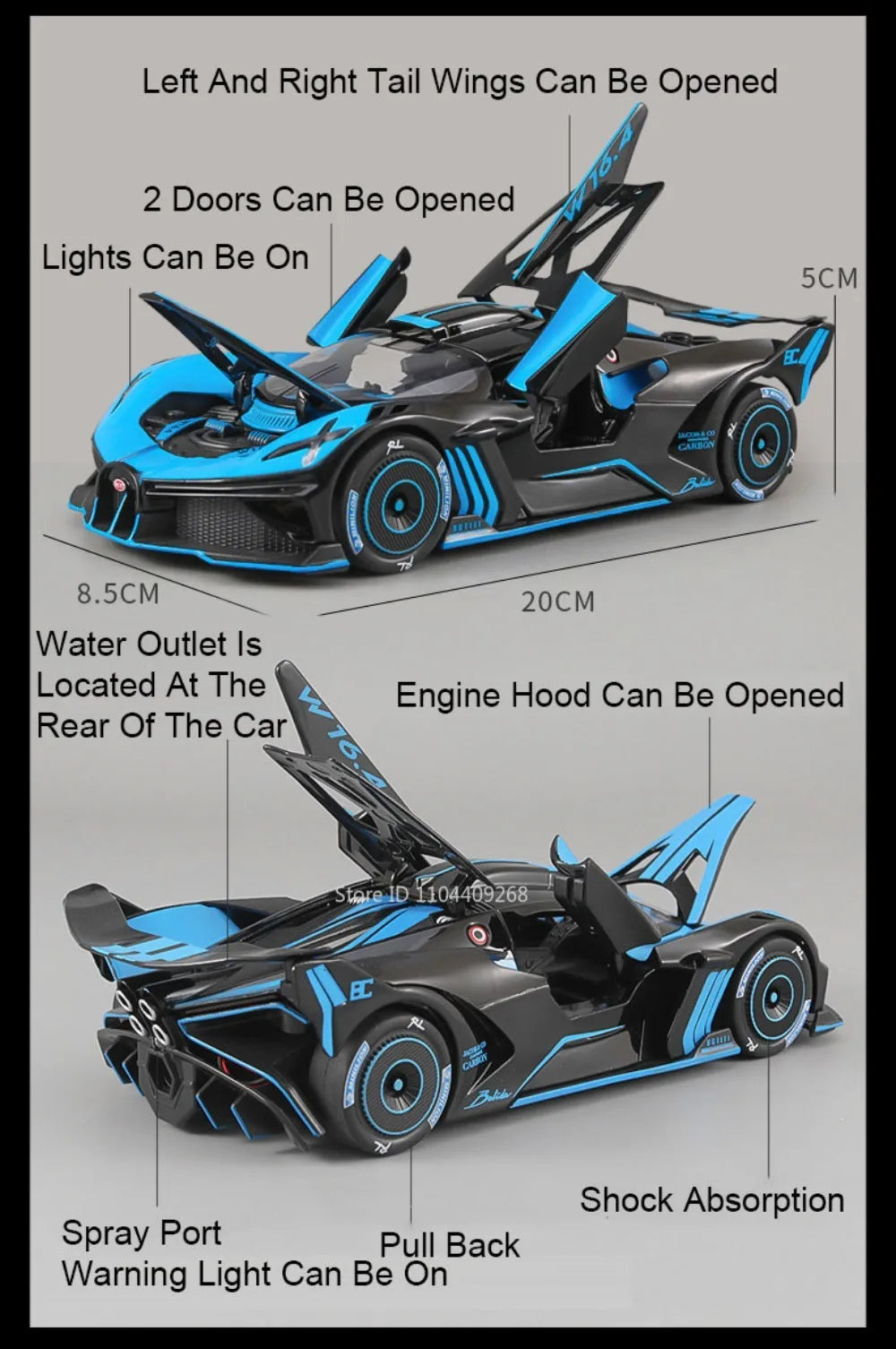 1:24 Scale Bolide Atlantic Car Model Toy Alloy Body Rubber Tire Shock Absorption Vehicle Models Sound&Light Ornaments Gifts