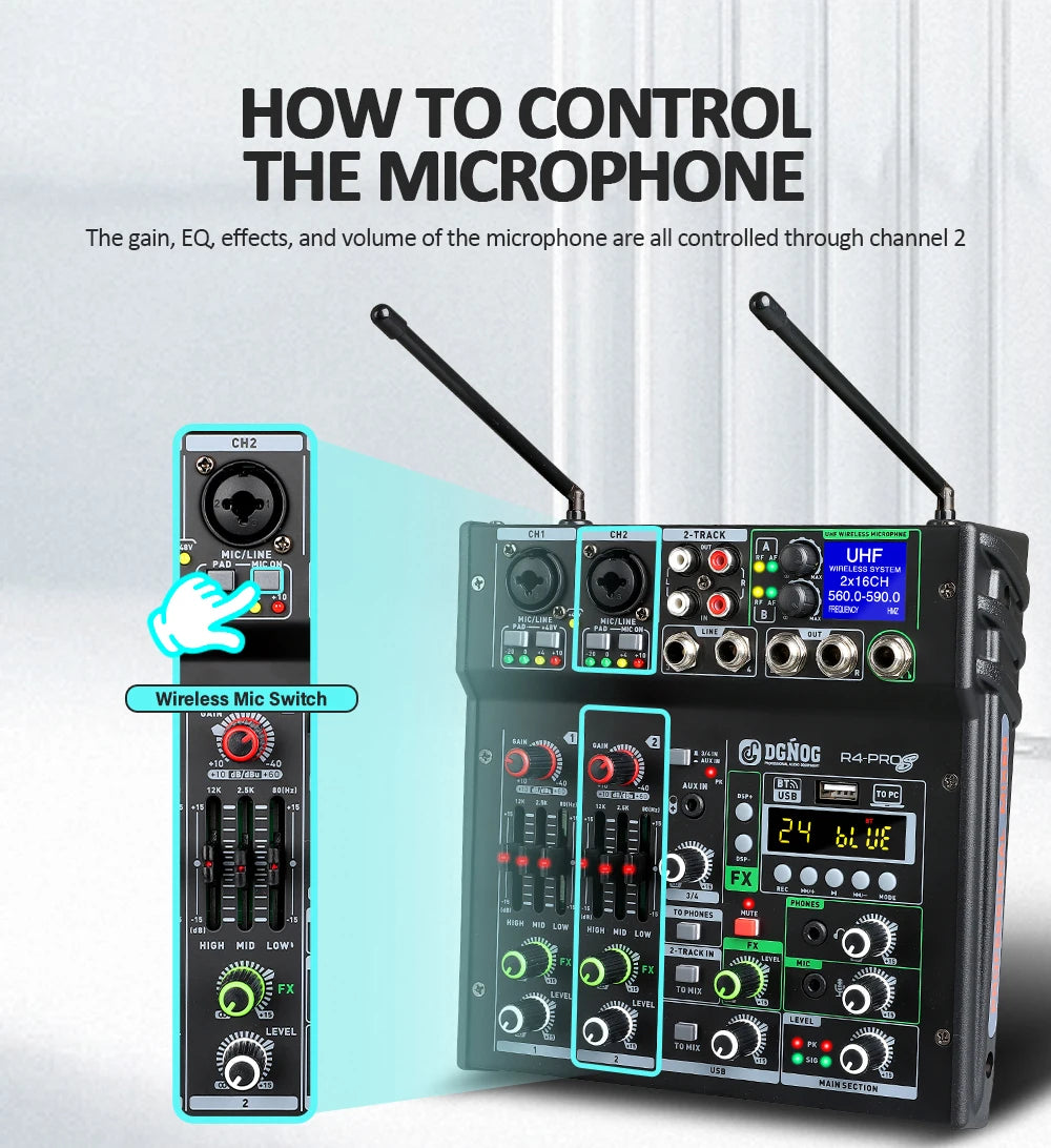DGNOG Dual UHF Wireless Microphone DJ Audio Mixer 4 Channel Mixer Karaoke Mixer USB Bluetooth for Computer Recording Studio