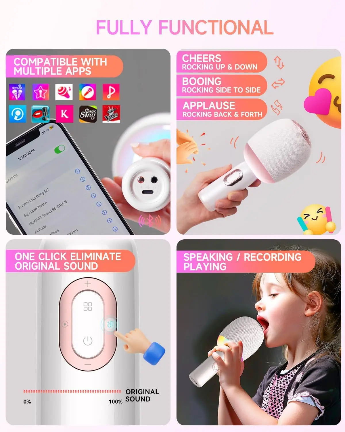 Wireless Bluetooth Karaoke Microphone 5-in-1 Portable Handheld Mic Speaker with Dynamic LED Lights for Car & Party