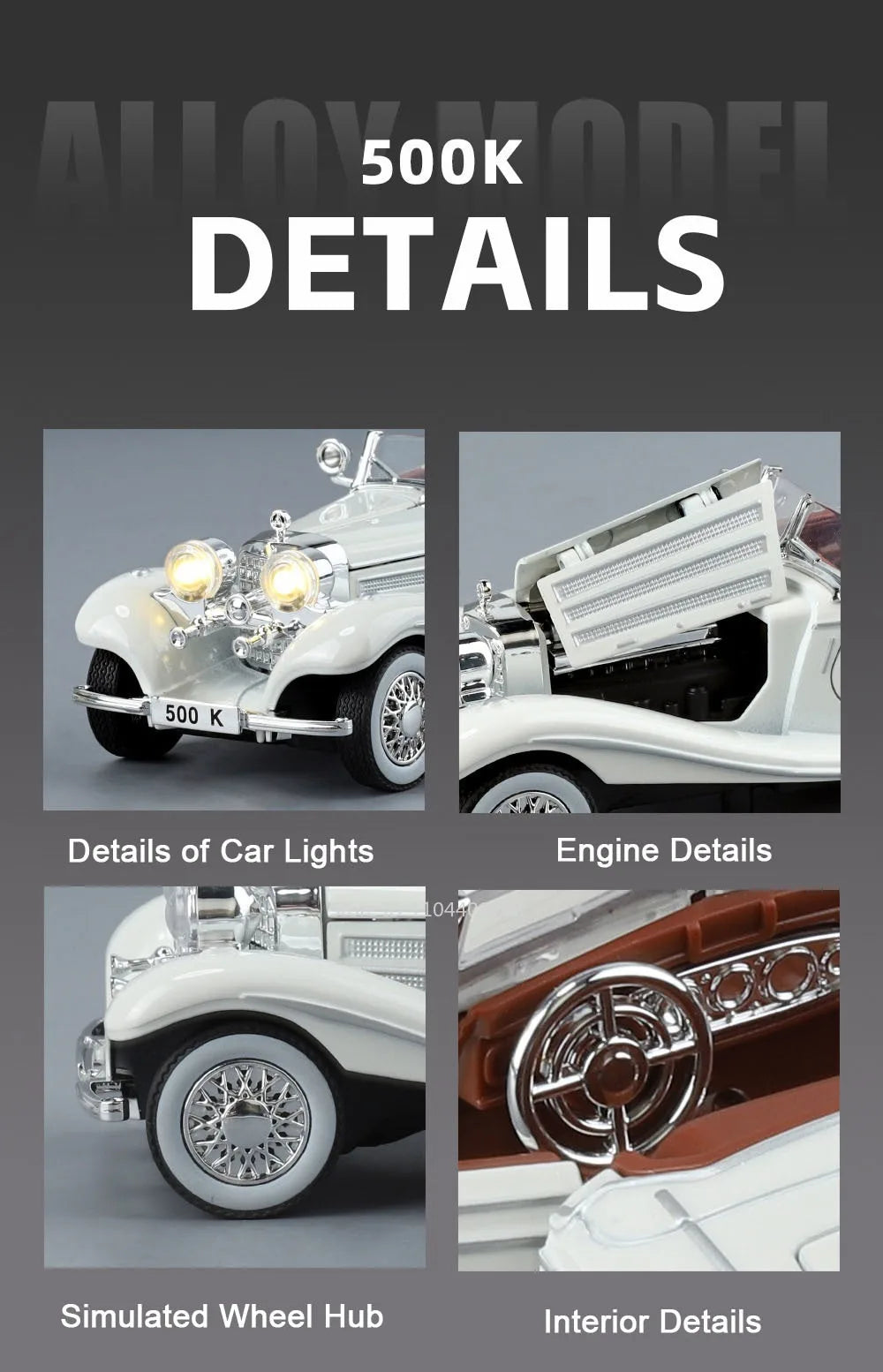1:32 500K 300SL Vintage Car Model Toy Shock Absorption Alloy Diecast Vehicle Models Sound Light Pull Back Collection Gifts
