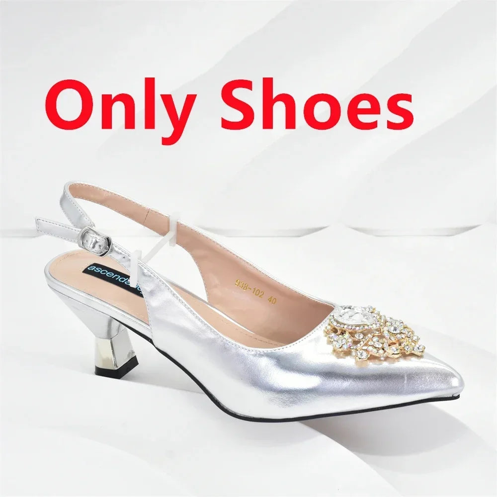 Latest Party Shoes and Bags To Match for Nigerian Luxury Pointed Toe Shoes with Rhinestones Party Ladies Shoes and Bag Set