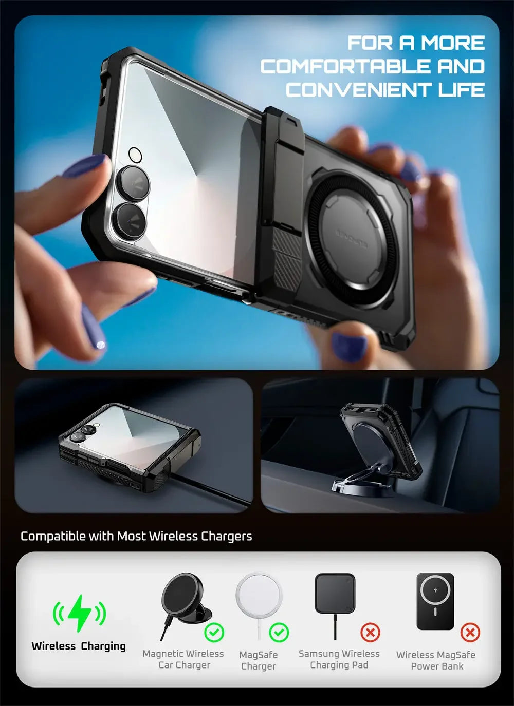 For Samsung Galaxy Z Flip 7 Case UB Grip Military-Grade Rugged Back Phone Case with Stand & Front Screen Protector