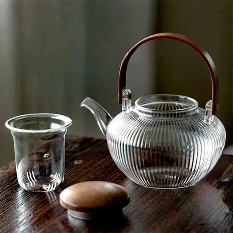800ml Vertical Stripes Glass Teapot with Wooden Beam Handle and Tea Infuser