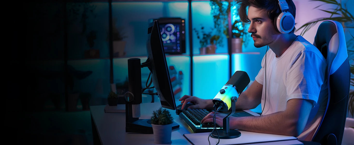 PD100X Gaming MIC,USB/XLR Dynamic Microphone with Noise Reduction, Mute, Headphone Jack, RGB MIC for Gamer Streaming Podcast