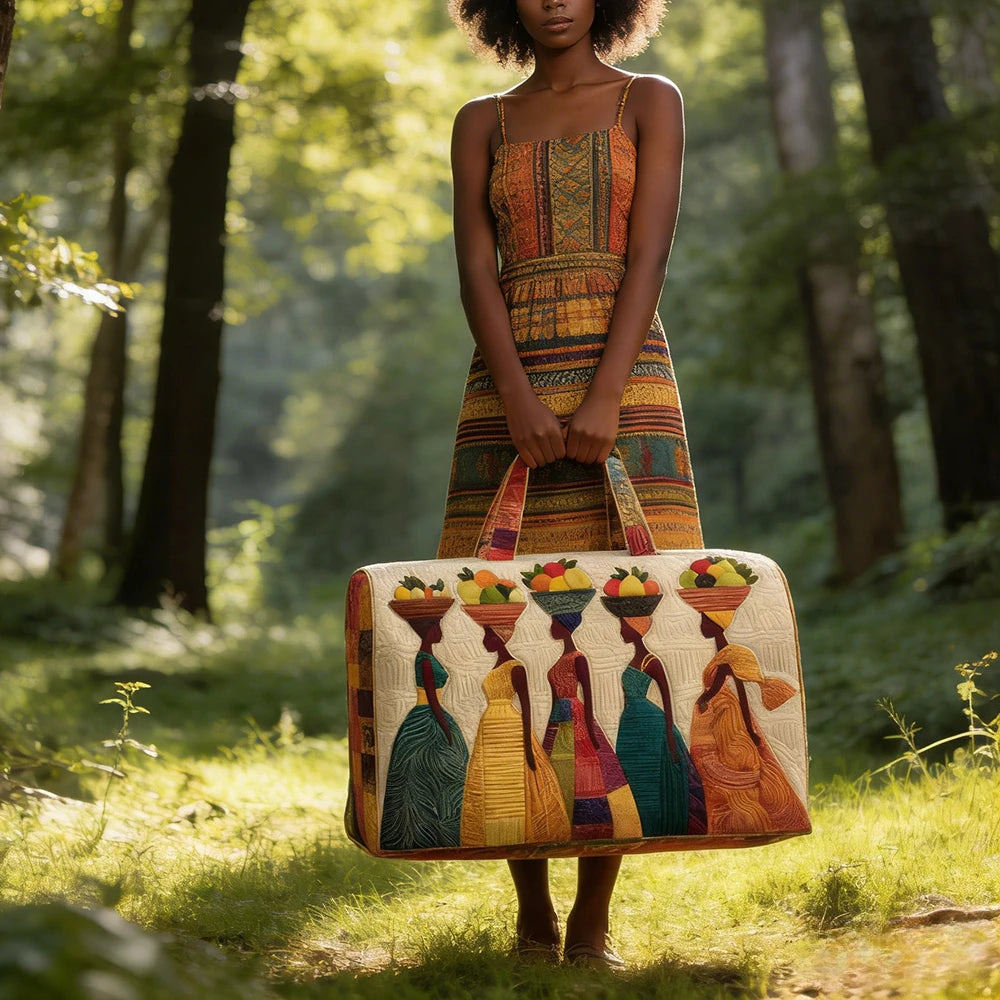 3D Quilted African Tote Bag for Women Colorful Tribal Print African Ladies Sunset Fruit Basket Gym Boho Festival Overnight Bags