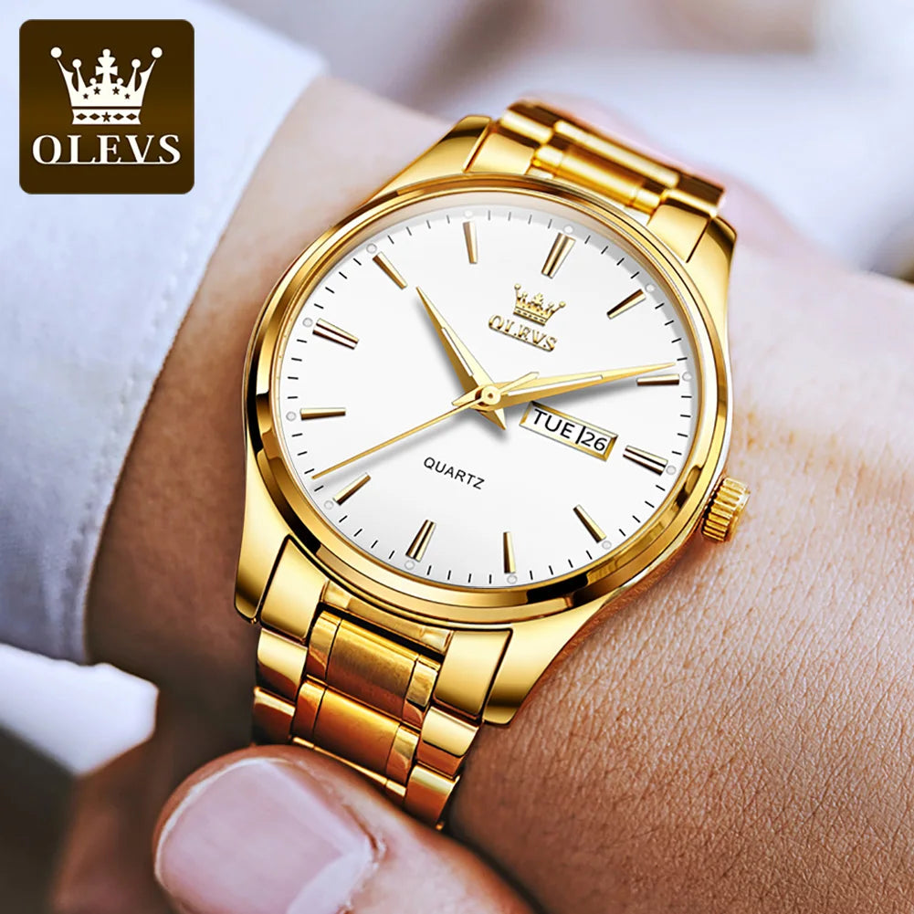 Classic Watches Gold Stainless steel Luminous Waterproof Dual Calendar Hand Clock Man Watch