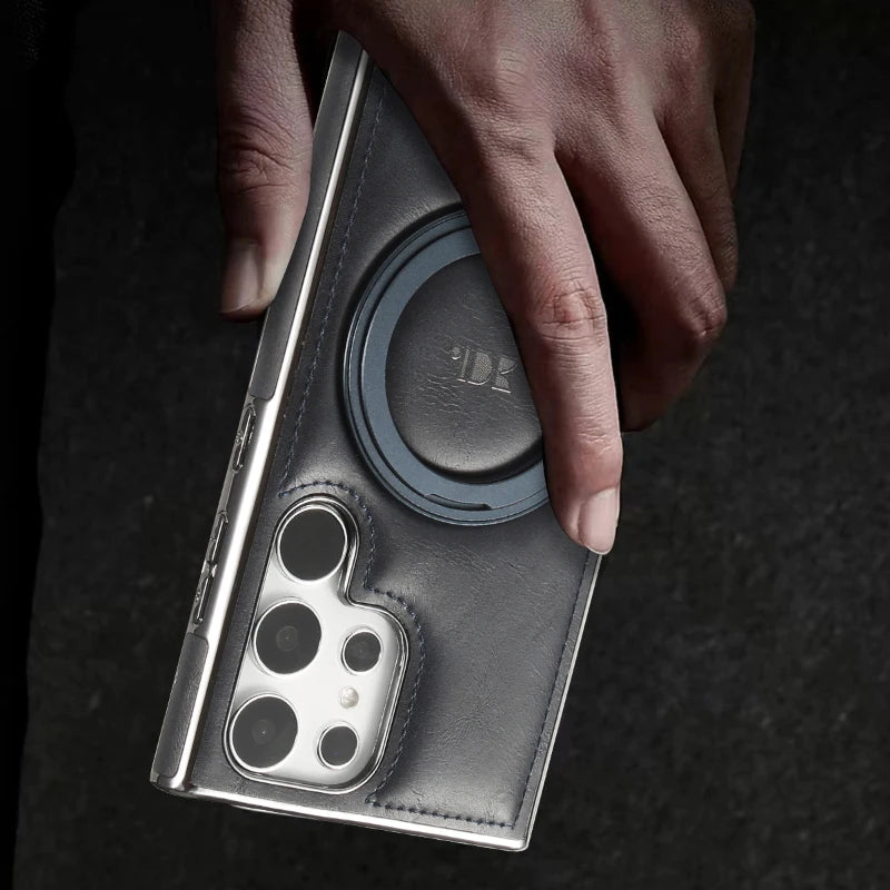 For Magsafe  360°Rotating Metal Car Bracket Ring Solid Color Leather Phone Case For Samsung S24 Ultra S22 S23 Ultra Plus