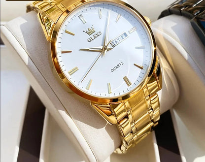 Classic Watches Gold Stainless steel Luminous Waterproof Dual Calendar Hand Clock Man Watch