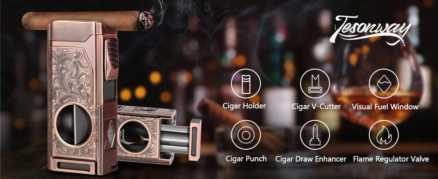 Cigar Lighter 4 Jet Flame, Refillable Butane Lighter with Cigar Cutter V Cut Cigar Punch Cigar Holder Cigar Draw Enhancer