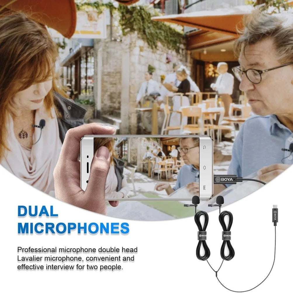 Microphone Dual Head Lavalier Lapel Condensador Microfone Mic with 6 Meters Cable Compatible with Type-C Interface