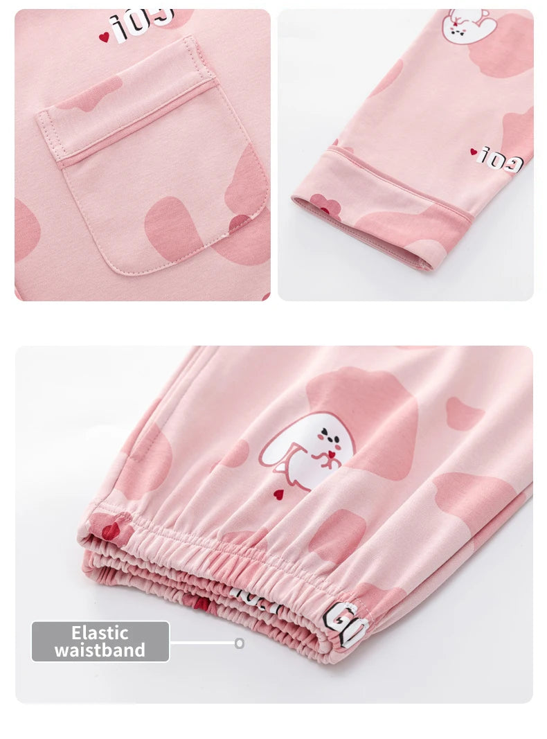 Women’s Winter 100% Cotton Pajama Set – Loose Fit, Turn-Down Collar, Long Sleeves, Cute Pink