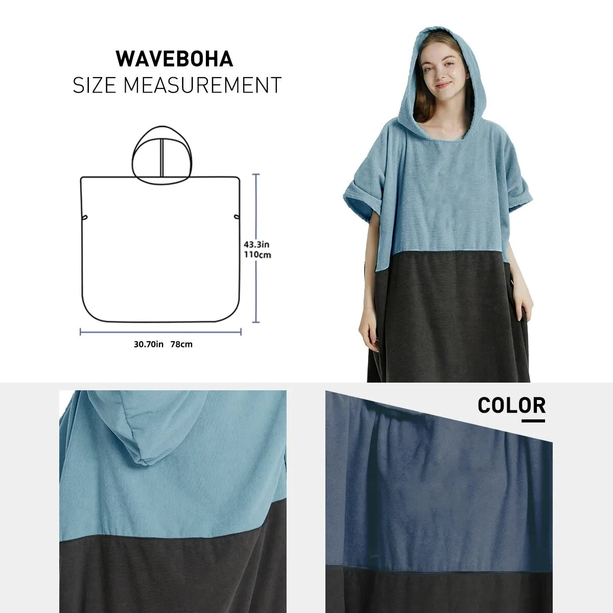 Quick Dry Microfiber Surf Poncho Towel with Hood for Adults