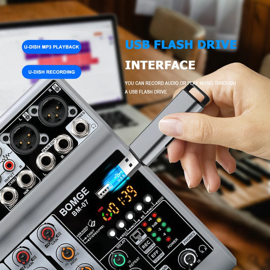 7 Channel Audio Mixer With Bluetooth USB 48V Phantom Power And Headphone Monitor