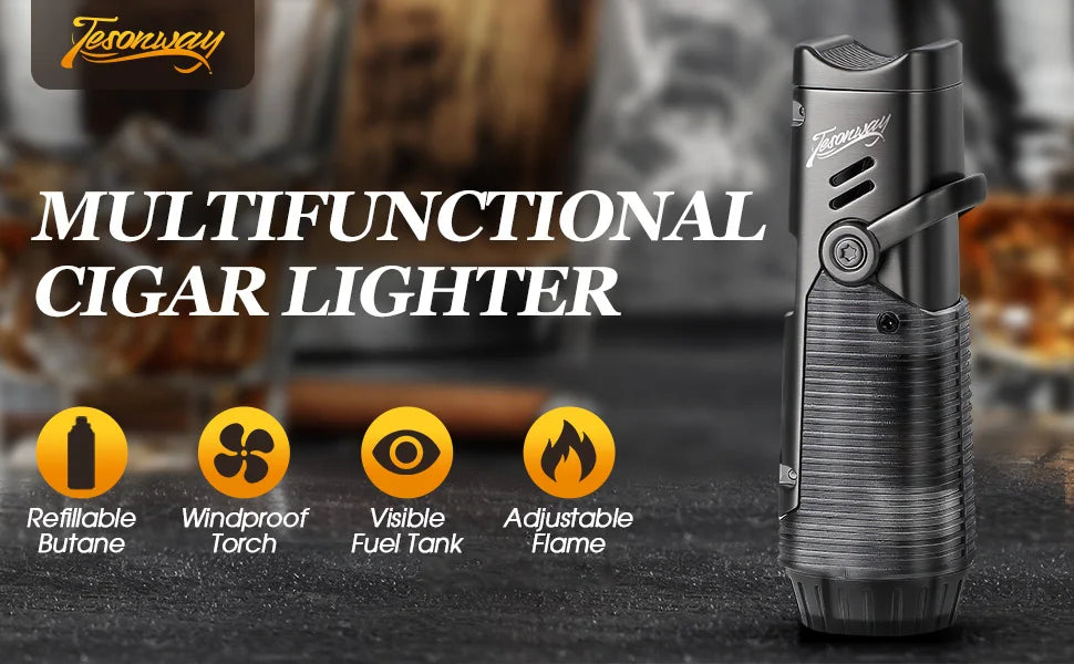 Cigar Lighter, Windproof Refillable Butane Lighter, Multifunction Cigar Accessories with Holder, Cigar Draw Enhancer and Punch
