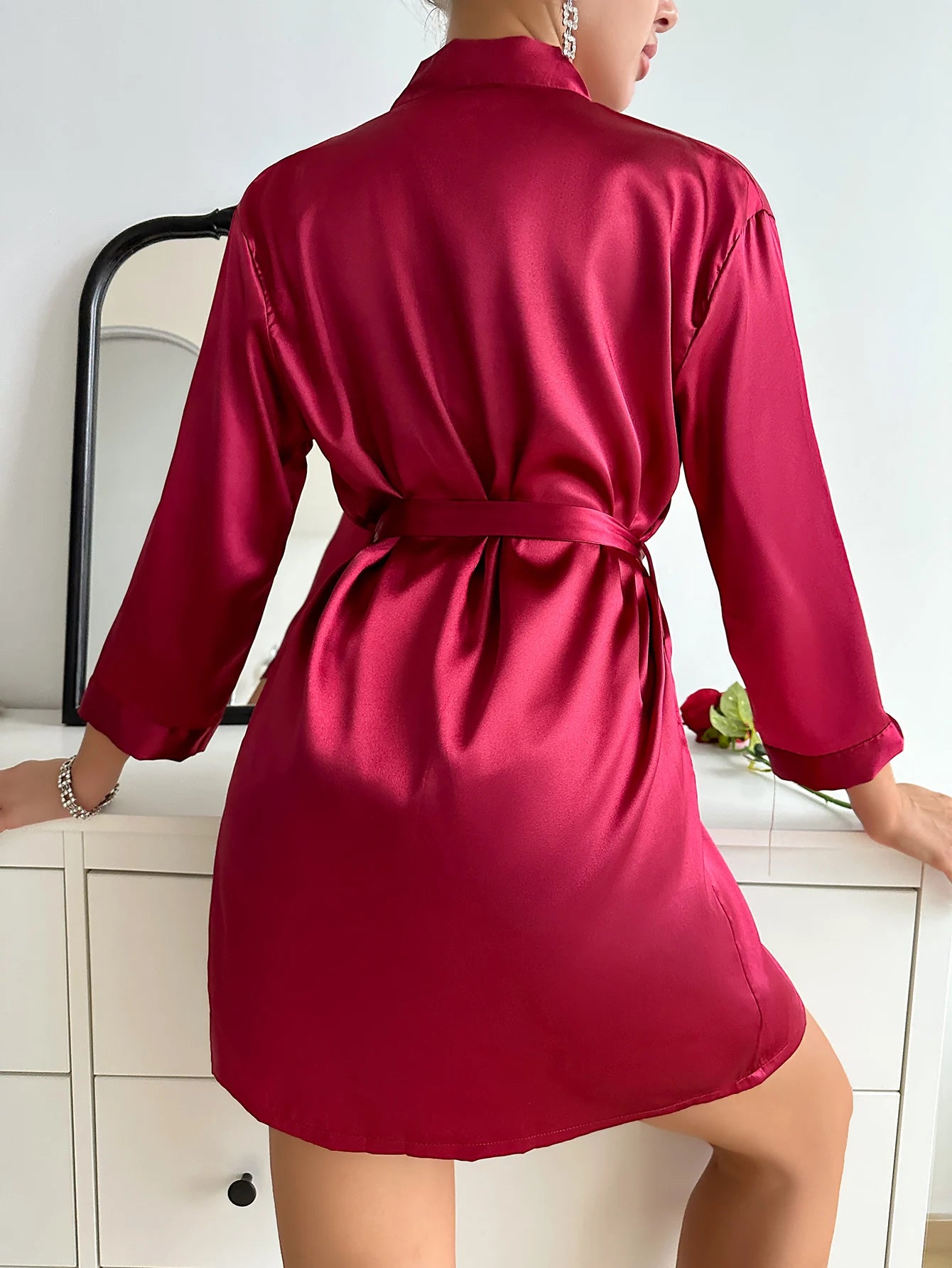 Solid Satin Pajama Set Long Sleeve Robe With Belt & Contrast Lace V Neck Slip Dress Women's Sleepwear