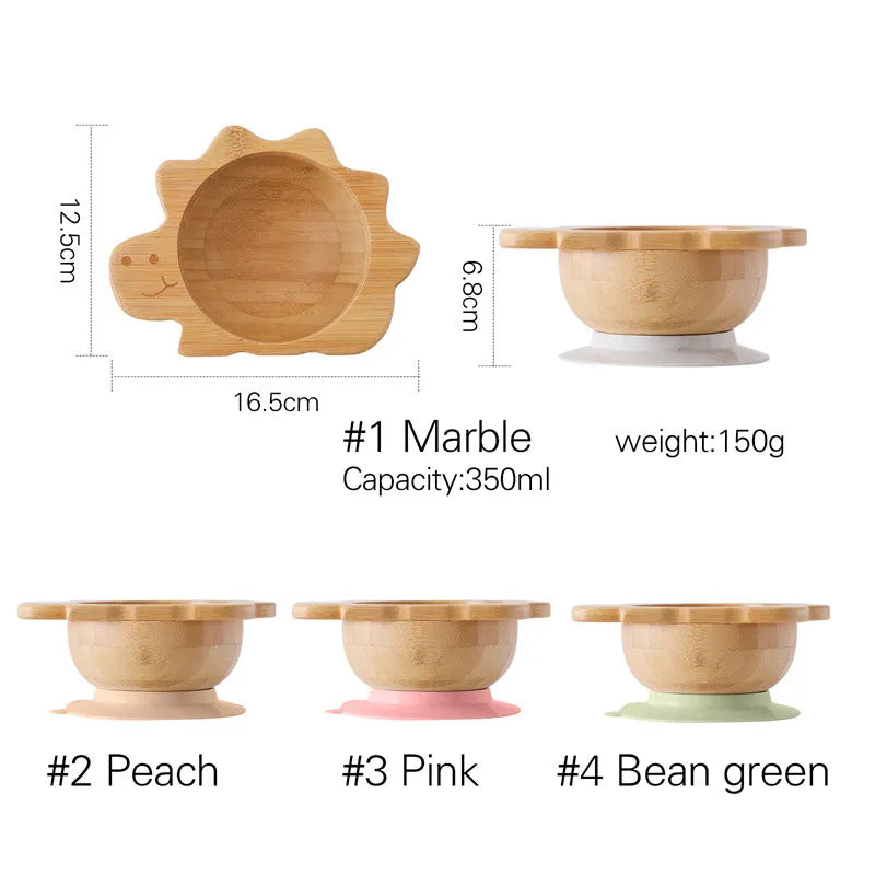 Baby Wooden Tableware Set Sun Bamboo Wooden Plate Bowl Silicone Suction Wooden Handle Fork Spoon for Newborn Feeding Supplies