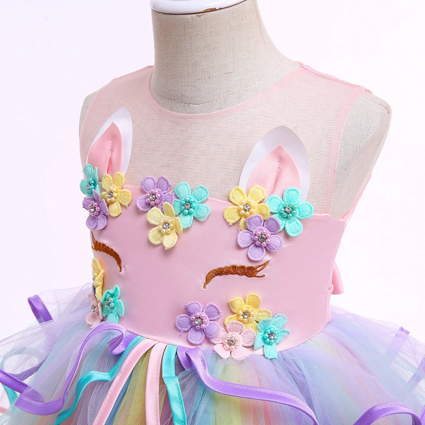 Rainbow Unicorn Princess Dress with Bow and Tulle Skirt Birthday Party Costume