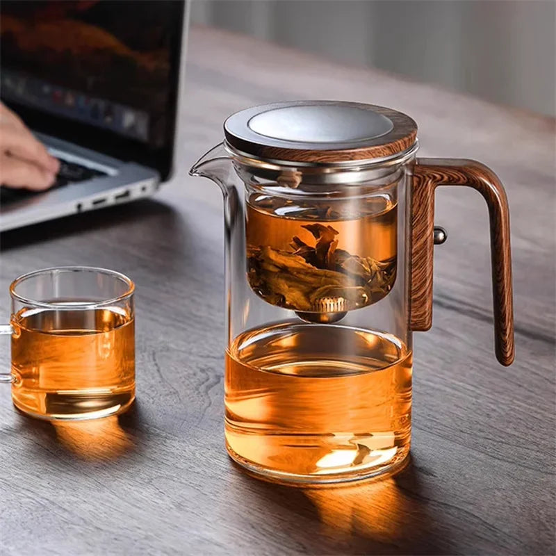 One Click  Switch Tea Separation Filtration Glass Tea Pot Wood Handle Tea Water Separation Inner Container Teapot