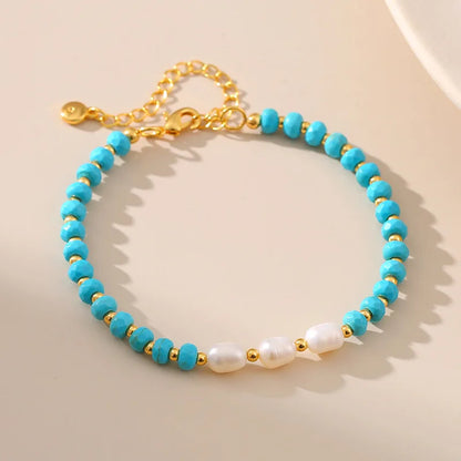 Blue Turquoise Bracelets Handmade Natural Stone with Gold Plated Beaded Bracelet