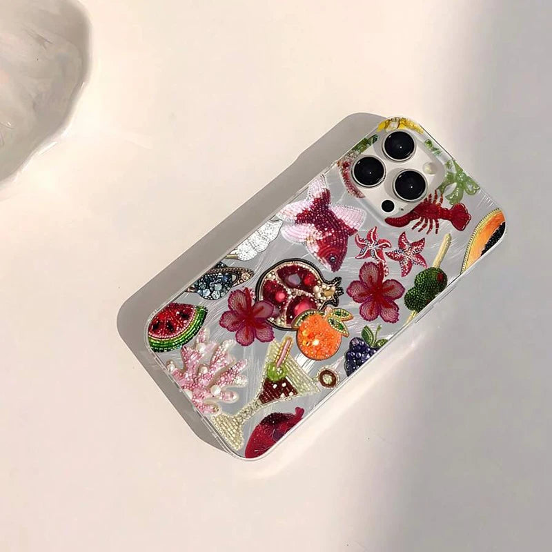Ocean Elements Fruit Juice Pattern Phone Case For iPhone 16 15 14 Pro Max Shockproof Cover