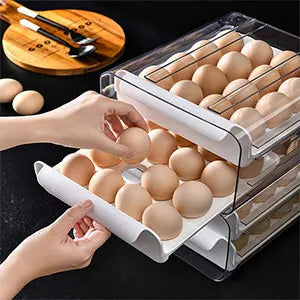 2-Layer 24-Egg Storage Container – Automatic Rolling Egg Holder Space-Saving Refrigerator Organizer
