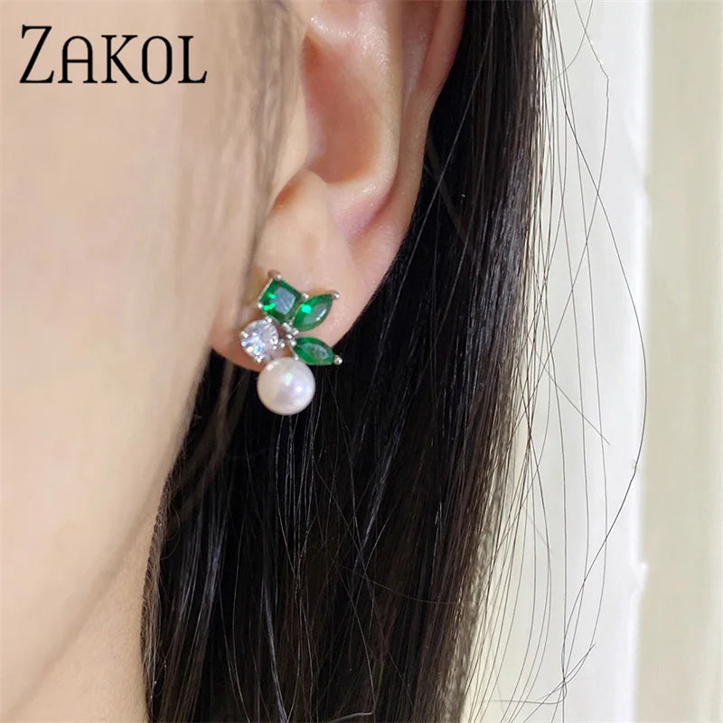 Green Leaf Shape Pearl Stud Earrings for Women Cute Round Marquise Zircon Earring