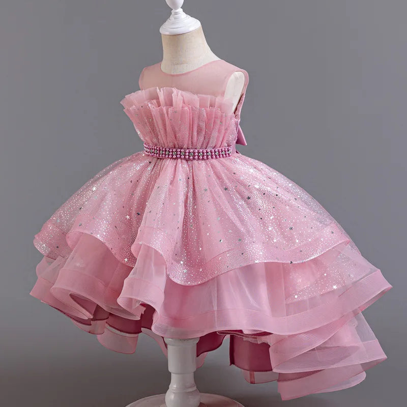 Elegant Girls' Performance Gown - Sleeveless Tulle Dress with Train for Piano Recital & Walk Show