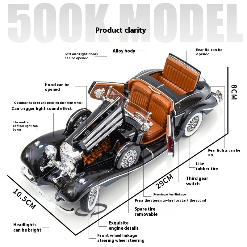 Diecast 1/18 1936 500K Classic Car Alloy Metal Model Sound And Light Toy Collect Display Ornament
