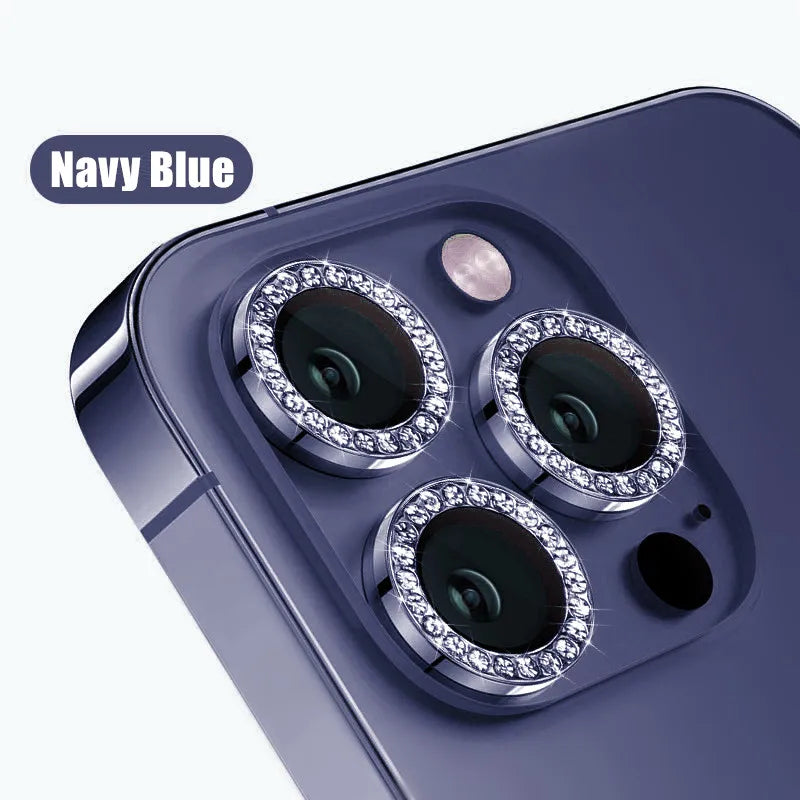 Glitter Diamond Rhinestones Metal Ring Camera Tempered Glass For iPhone 15 11 12 13 14 Pro Max Plus Lens Protector Full Cover